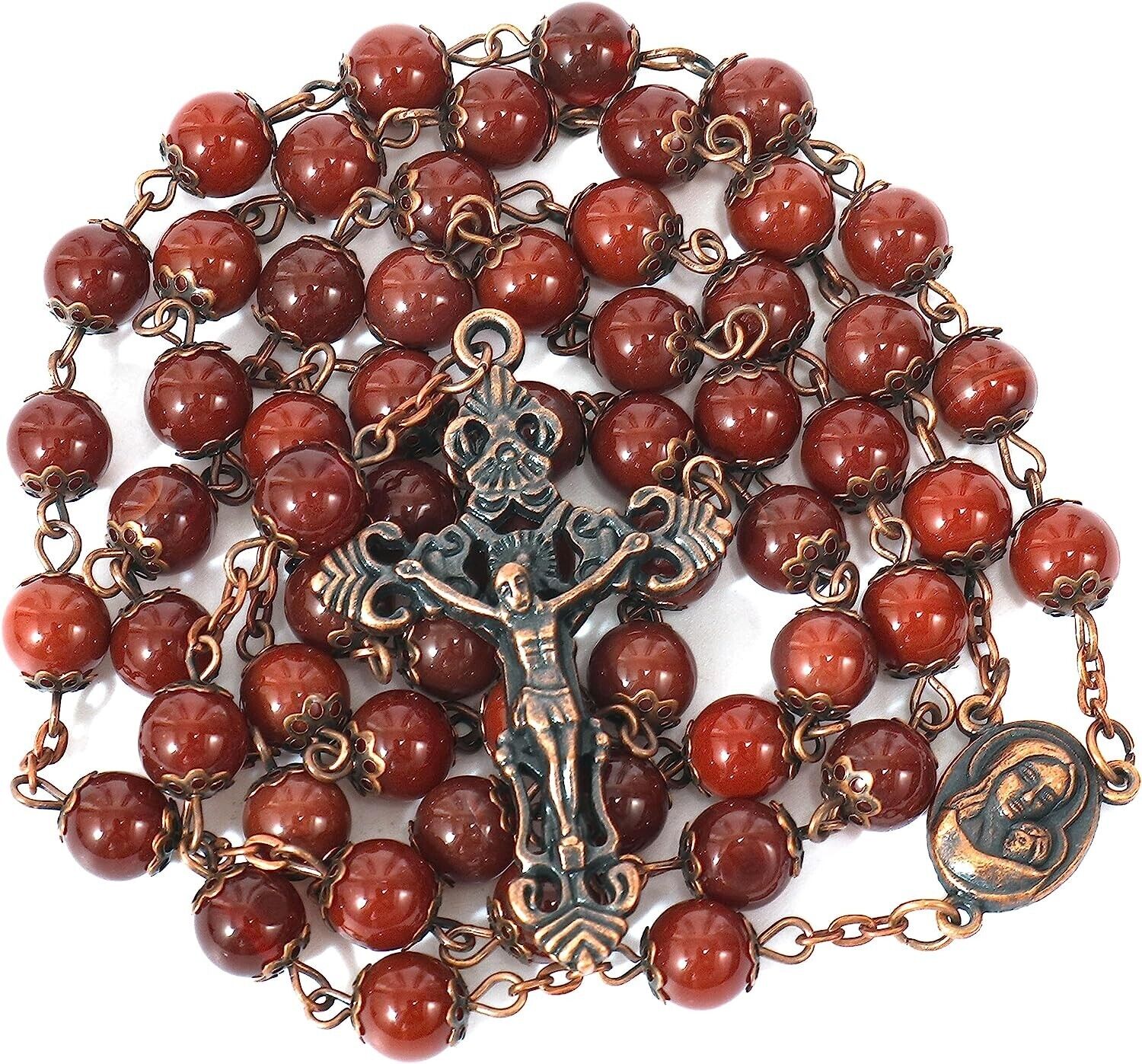 Red Carnelian Stone Beads Rosary Beaded Necklace Holy Soil & Cross Crucifix