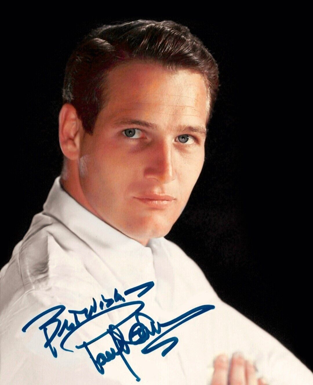 Paul Newman stunning vintage photograph with museum quality replica autograph