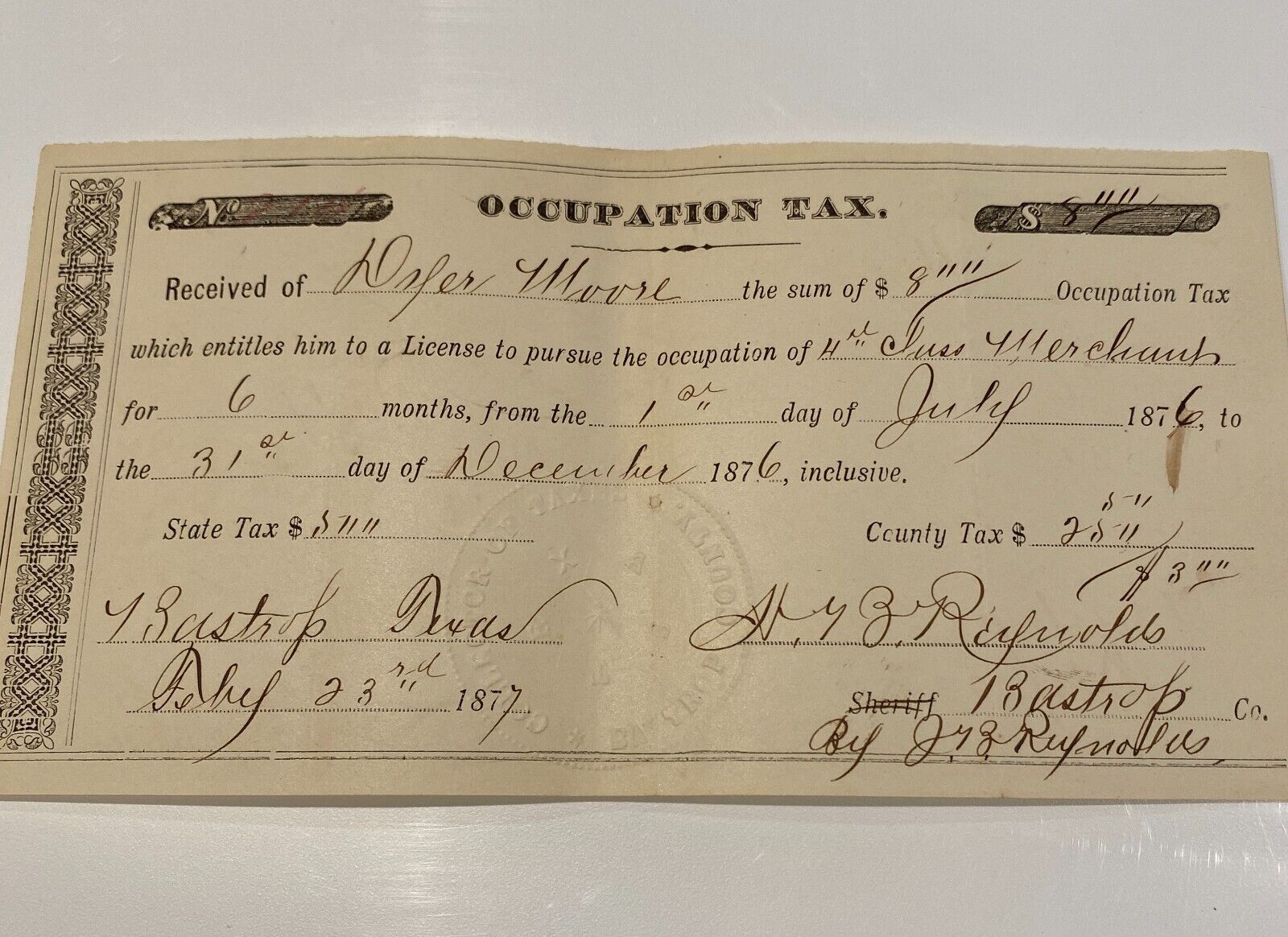 1877 Occupation Tax Bastrop, Texas for 4th Class Merchant