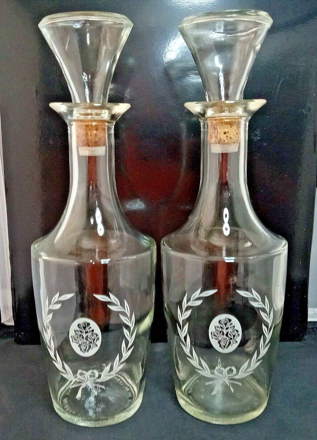2 Vintage Pair Decanter Clear Glass Bottles W/ Stoppers Wreath Design 60s MCM