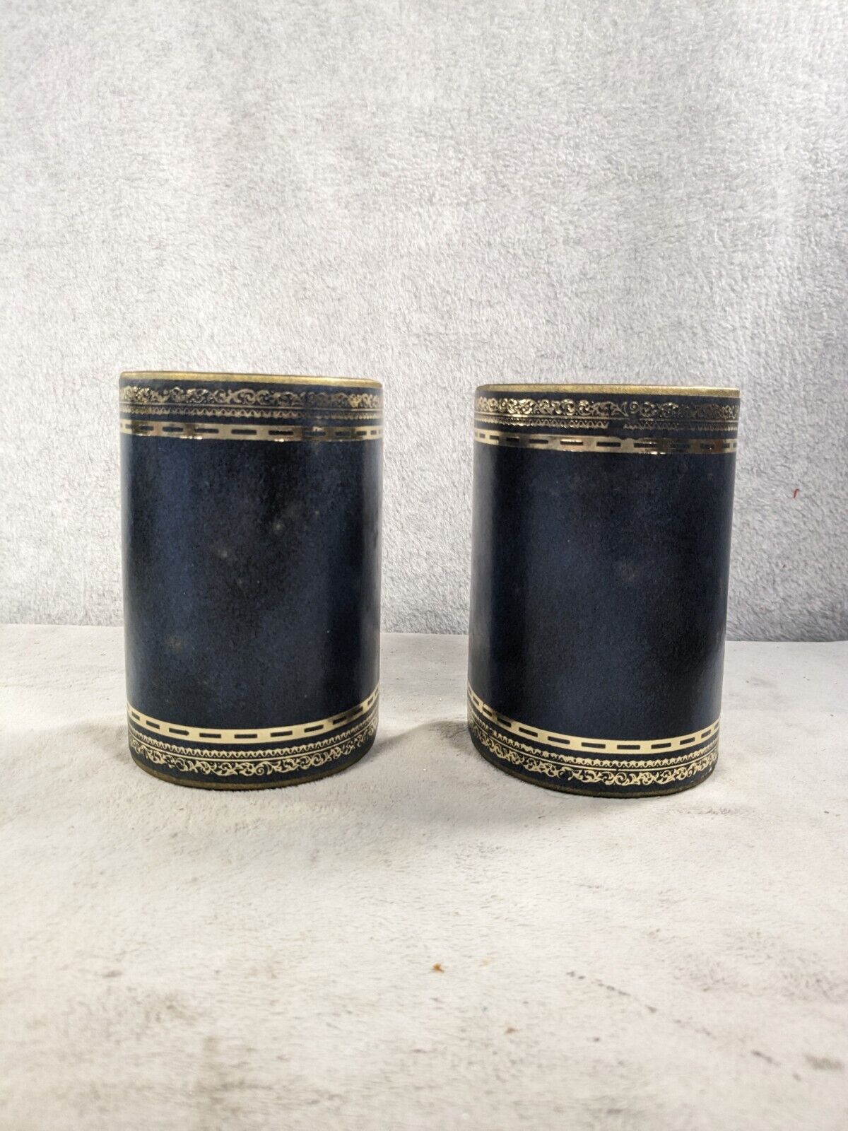Vintage Black Leather Bound Gold Gilt Half Round Bookends Set of 2 ~ Italy