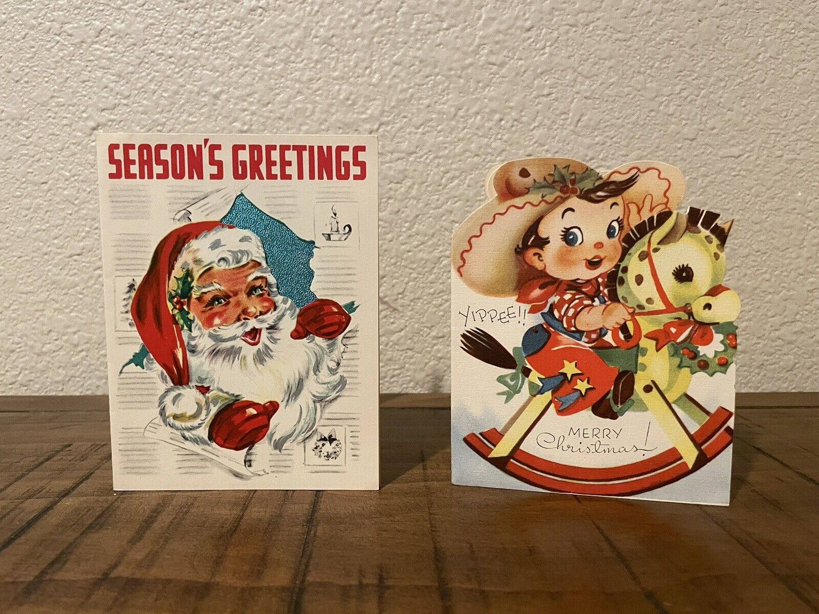 2 Vintage Christmas Cards 1950’s Santa & Cowboy