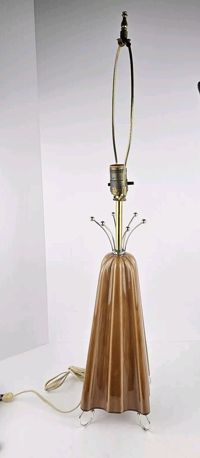 Vintage Mid Century Modern Atomic Toffee Brown Ceramic Table Lamp Retro Ribbed