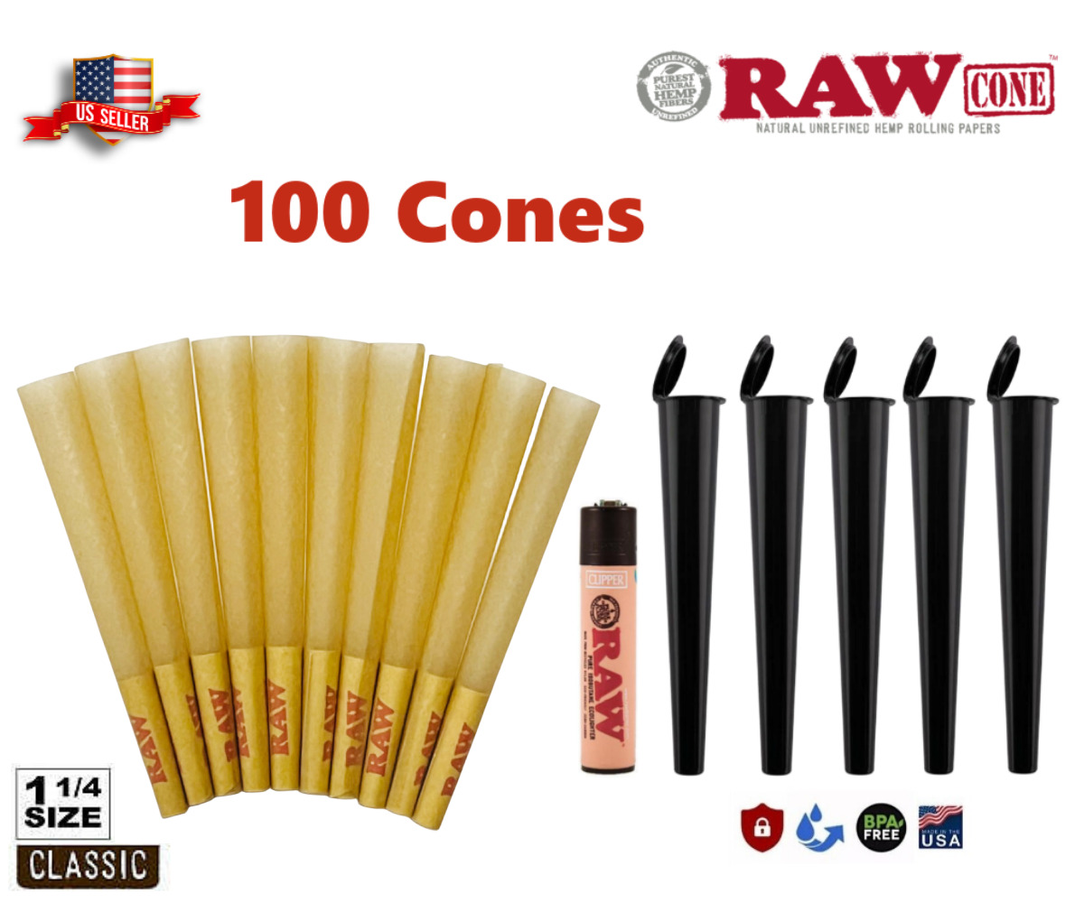 Authentic RAW Classic 1 1/4 Size Pre-Rolled Cone 100 Pack & Lighter & 5 Tubes