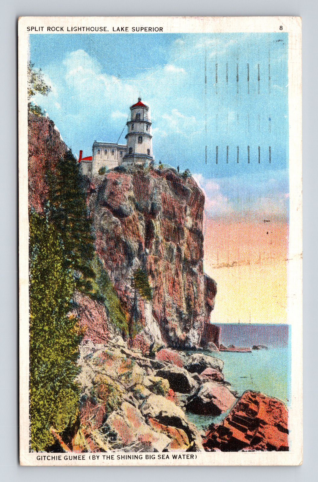 c1935 WB Postcard Lake Superior MN Minnesota Split Rock Lighthouse Gitchie Gumee
