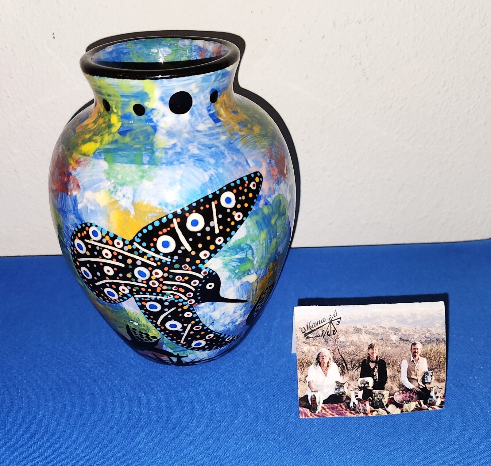 Vintage Mana Southwestern Art Pottery Vase Hummingbird Design 6\