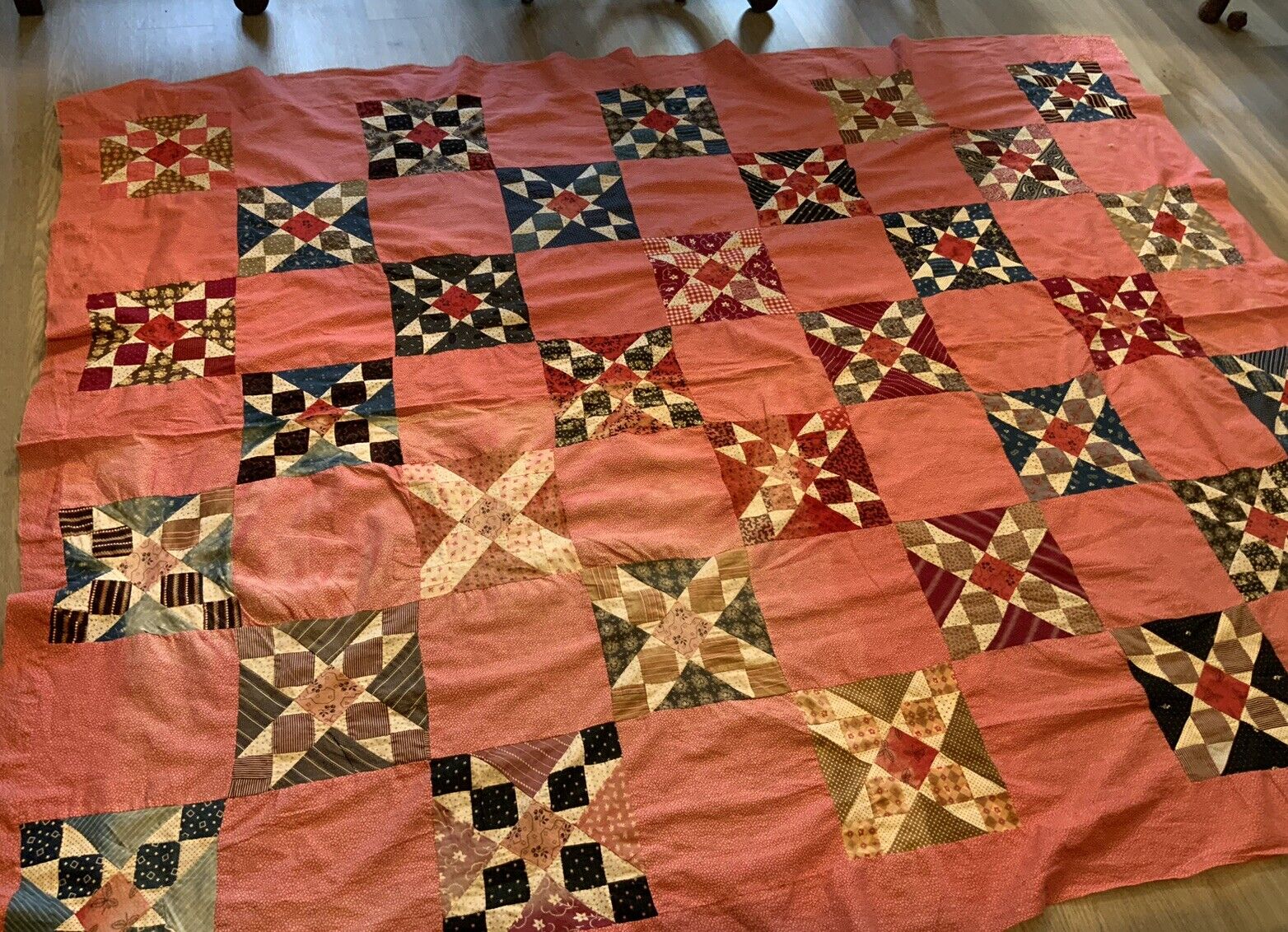 Vintage Antique Patchwork Quilt Top, Squares & Triangles, Early Calicos, As Is