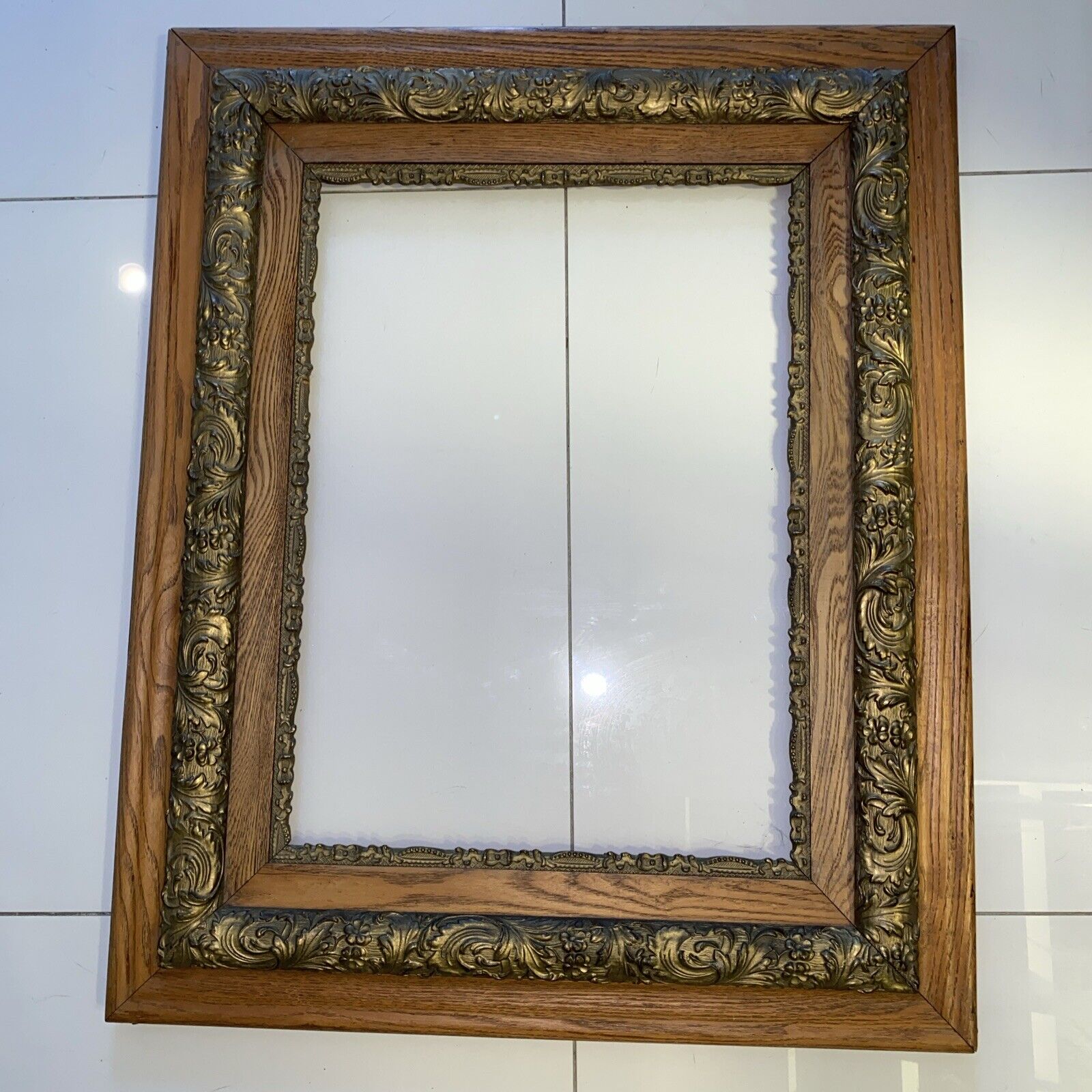 Antique Ornate Wood Frame 26”x 32 Carved Large Gold Artwork 16” x 22” Brass