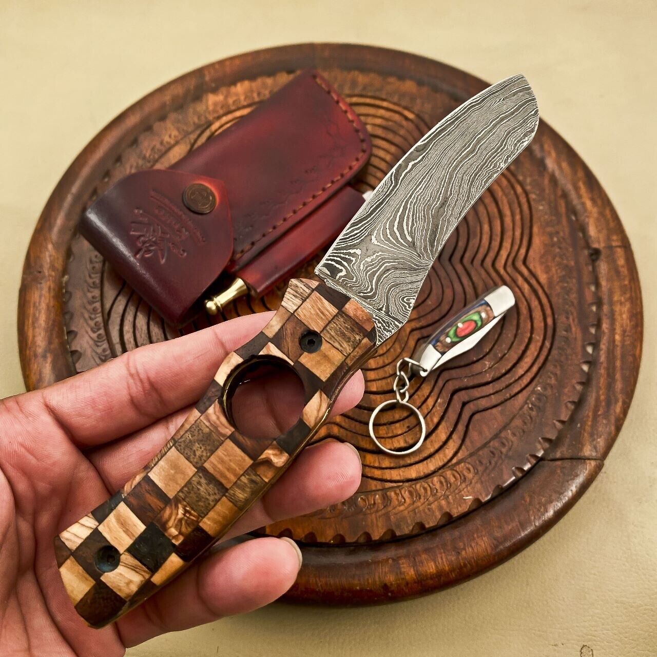 Handmade Damascus steel cigar cutter knife With Wooden Handle And Leather Sheath