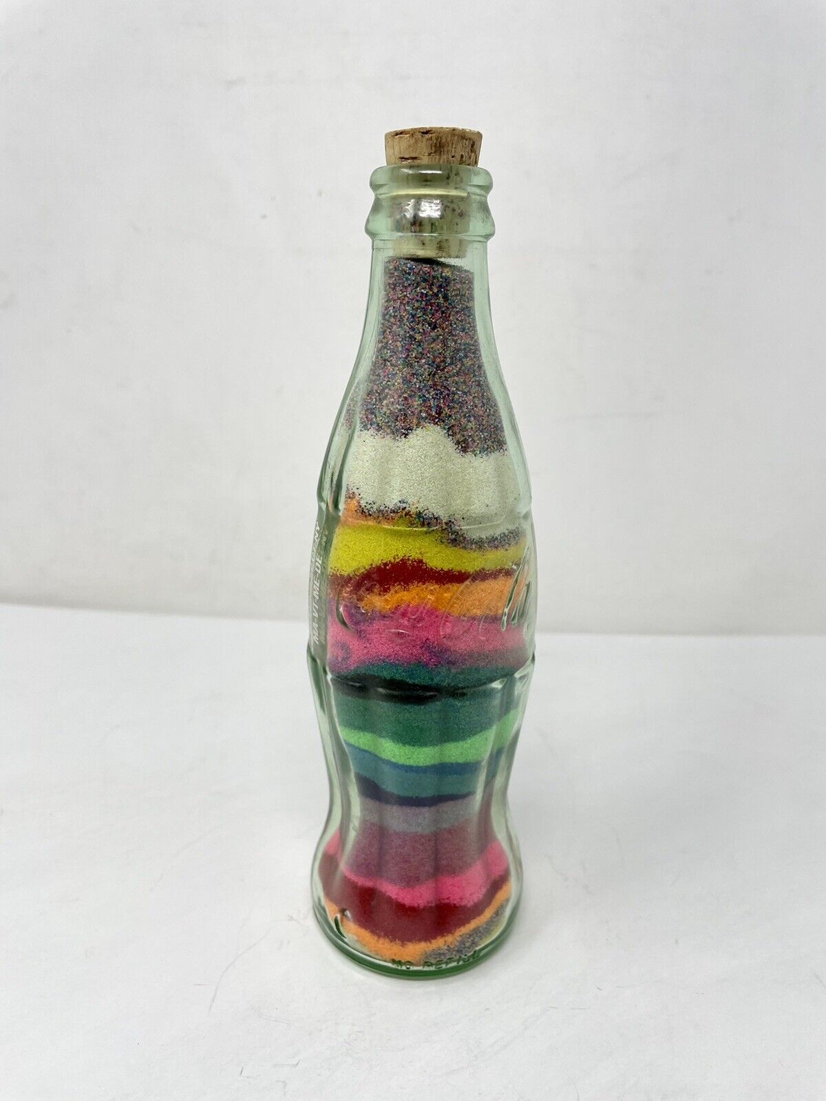 COCA COLA 8 oz Collector\'s Item Rainbow Colored Sand Home Decor Art Glass Bottle