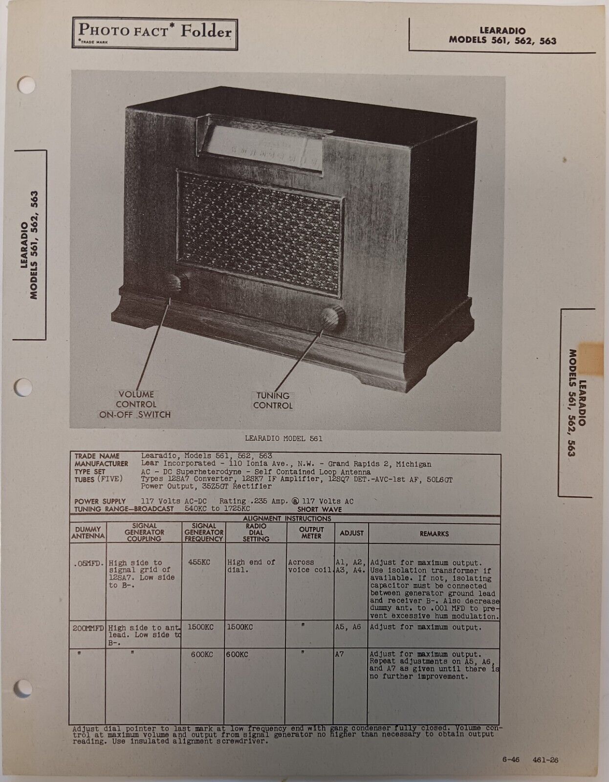 Photo Fact Data 1946 Learadio Models 561, 562, 563 Broadcast Radios.