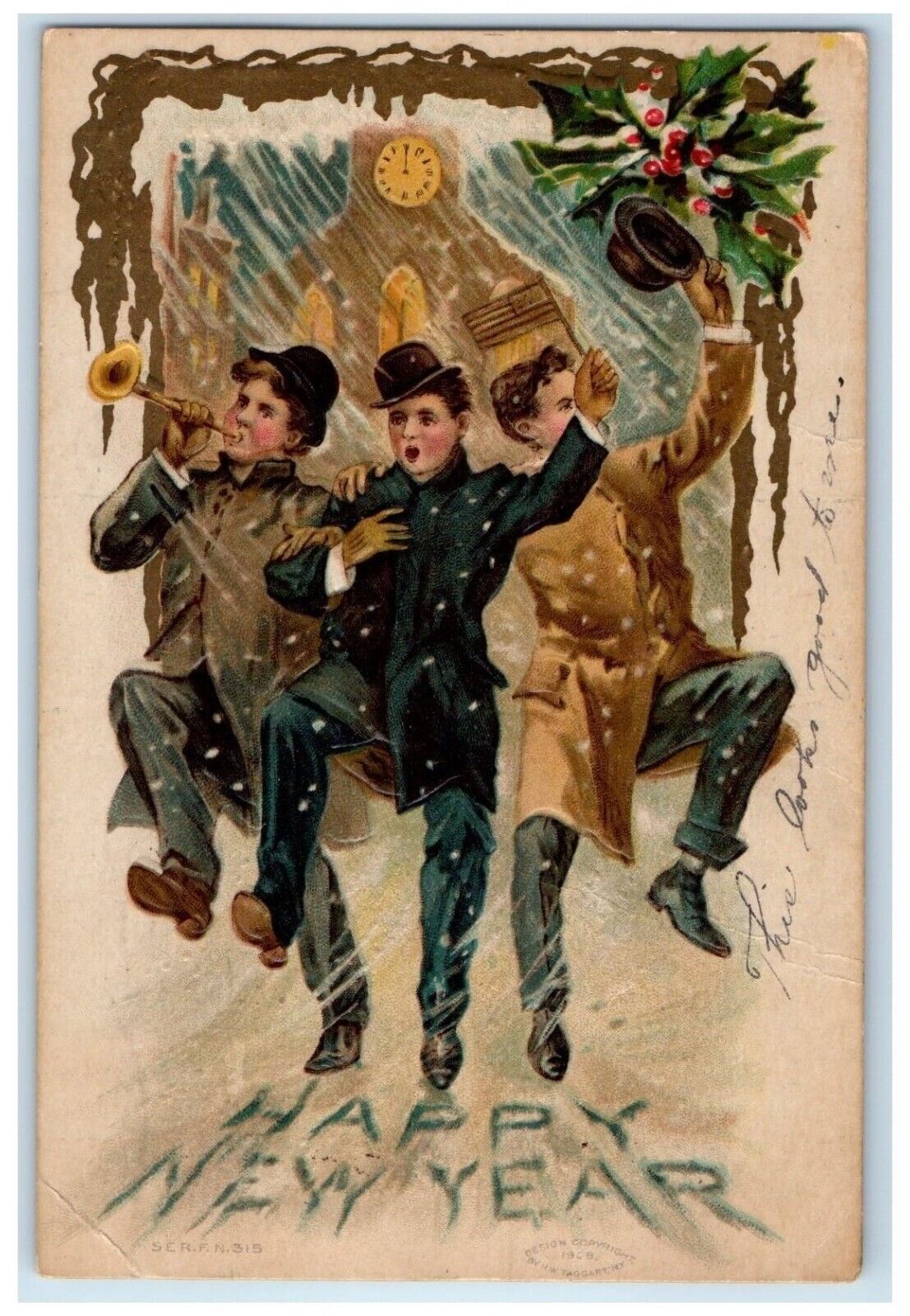 c1910's New Year Boy Singing Clock Winter Scene Mankato Minnesota MN Postcard