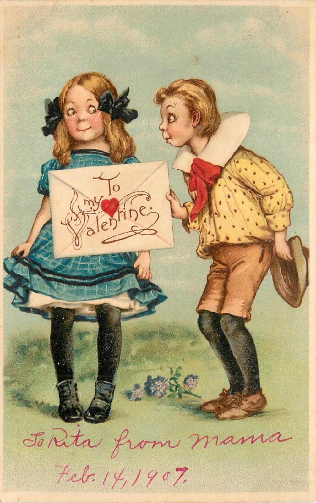 Tuck Valentines Postcard 109 Frances Brundage Boy and Girl With Valentine Letter