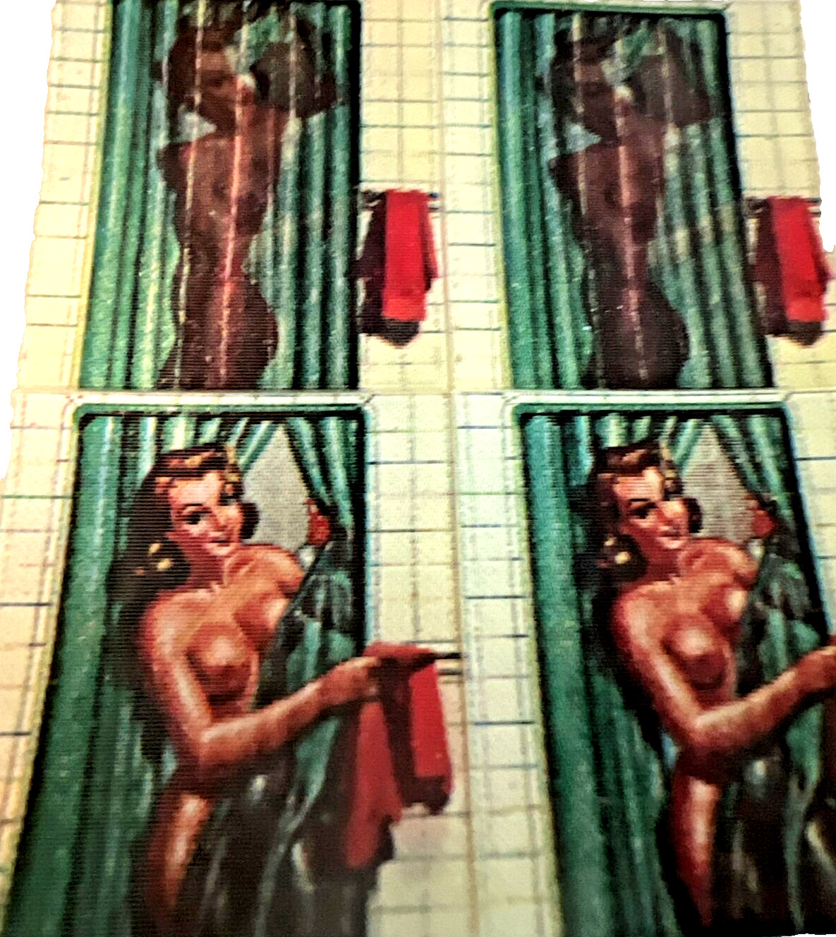 Rare Lot of 4 1960s Vari Vue Risque Pin Up SHOWER SCENE TOWEL RIGHT NOS MINT HTF