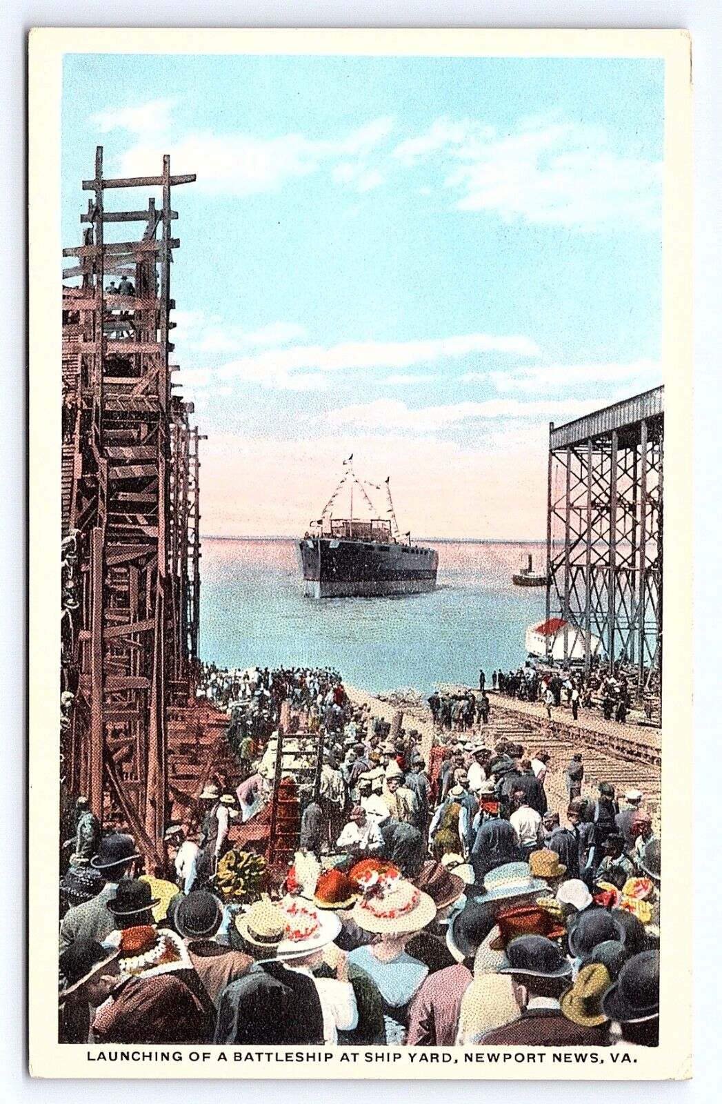 Postcard Launching Of A Battleship Newport News Virginia VA