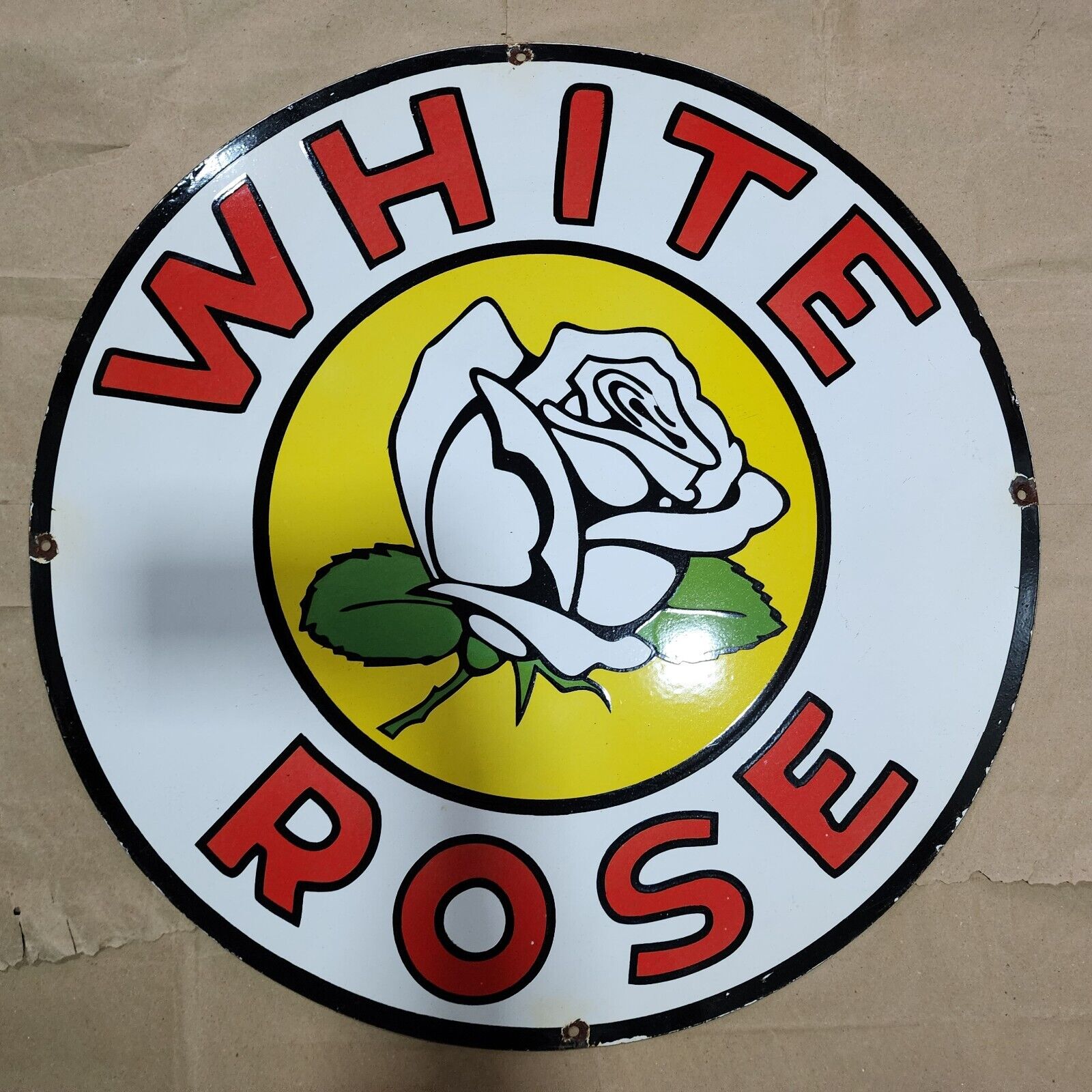 WHITE ROSE PORCELAIN ENAMEL SIGN 30 INCHES ROUND
