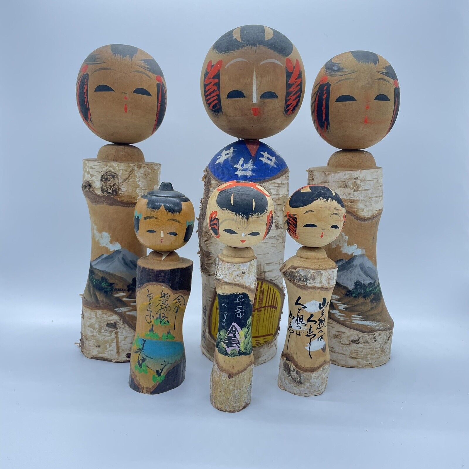 Rare Old Sousaku (Creative) kokeshi japanese wooden 6 dolls lot 1970 K086