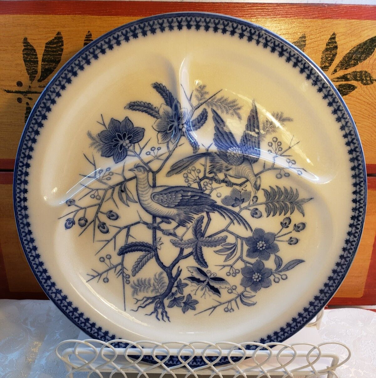 Antique Villeroy Bock Flow Blue Divided 1920 Pheasant Floral Transferware Plate