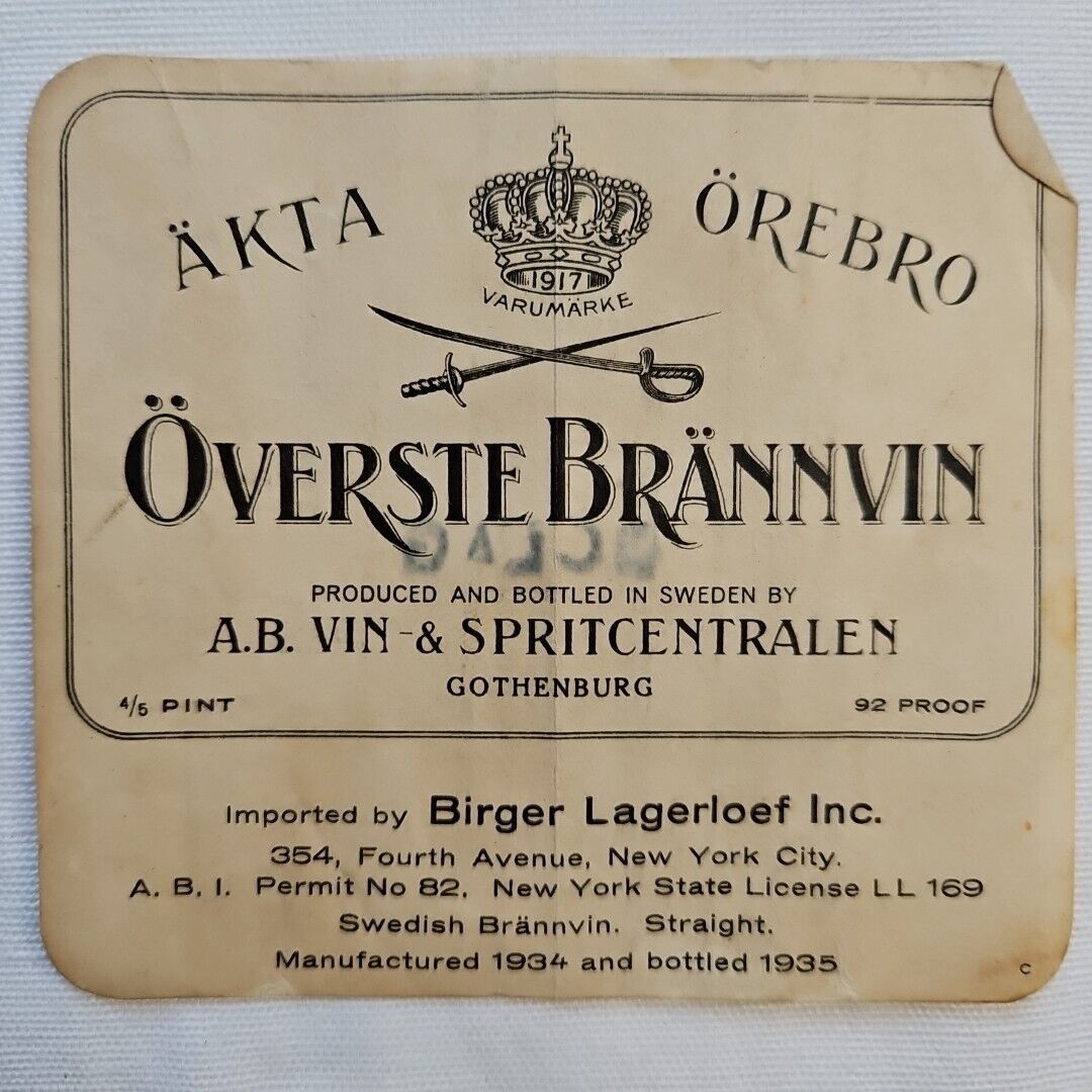 Antique Sweden Vodka Label 1935 Overste Brannvin Alcohol