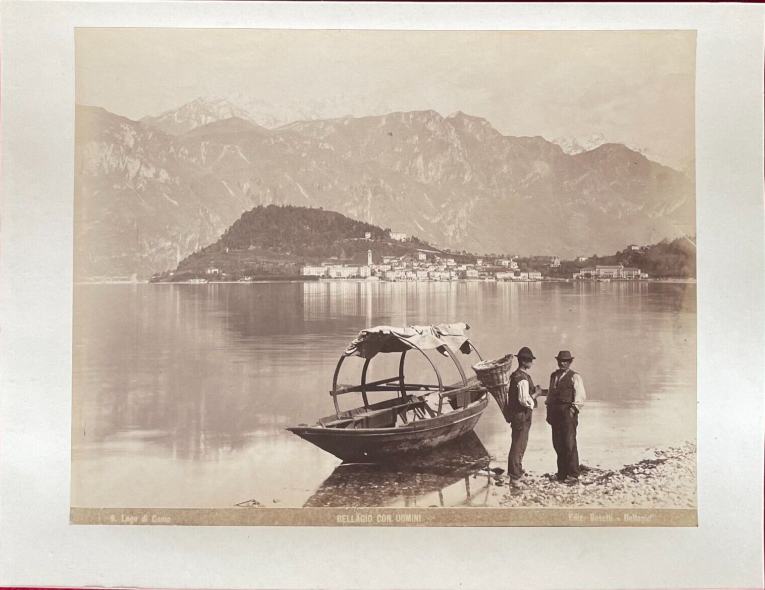 BELLAGIO LAKE COMO ITALY - MEN ON LAKE SHORE - 1870's  PHOTO by BOSETTI EDIZ 