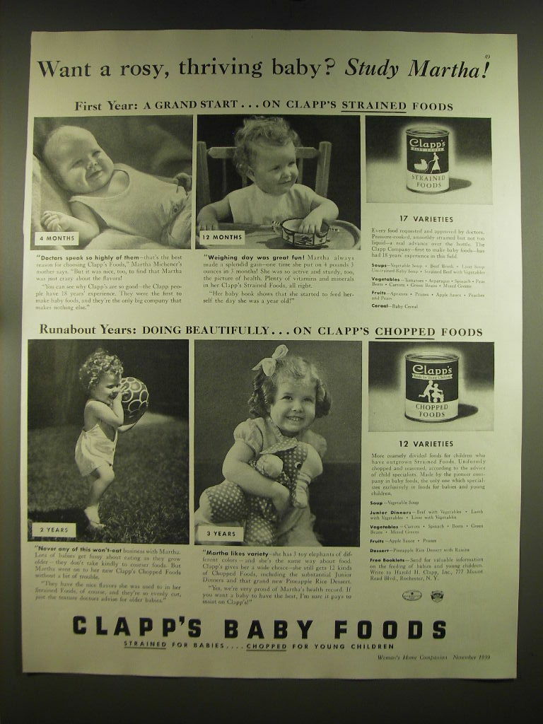 1939 Clapp's Baby Food Ad - Want a rosy, thriving baby? Study Martha