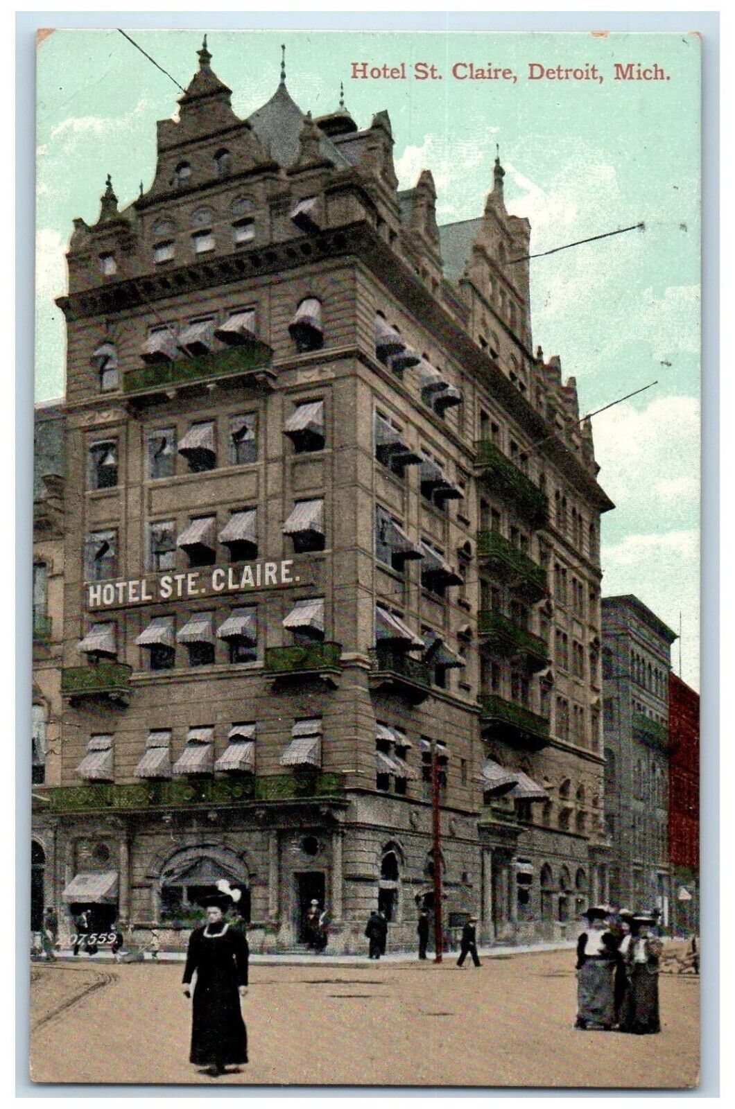 1913 Hotel St Claire Exterior Building Street Detroit Michigan Souvenir Postcard