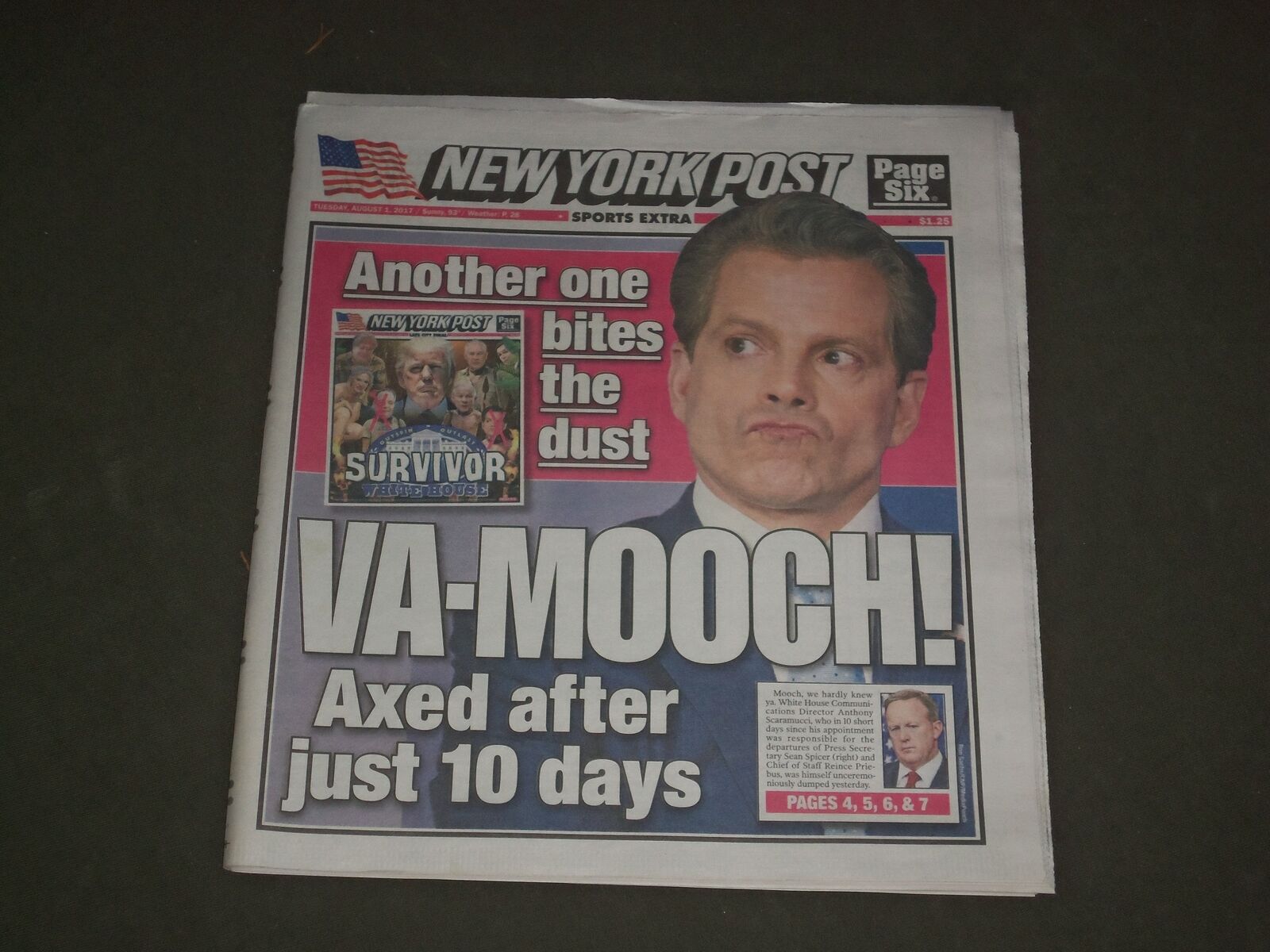 2017 AUGUST 1 NEW YORK POST NEWSPAPER - ANTHONY SCARAMUCCI - FIRED AFTER 10 DAYS