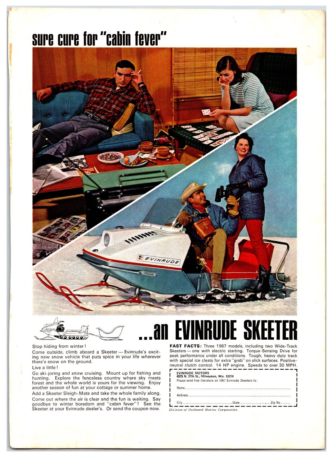 1967 Evinrude Skeeter Snowmobile - Original Print Advertisement (6.5in x 9in)