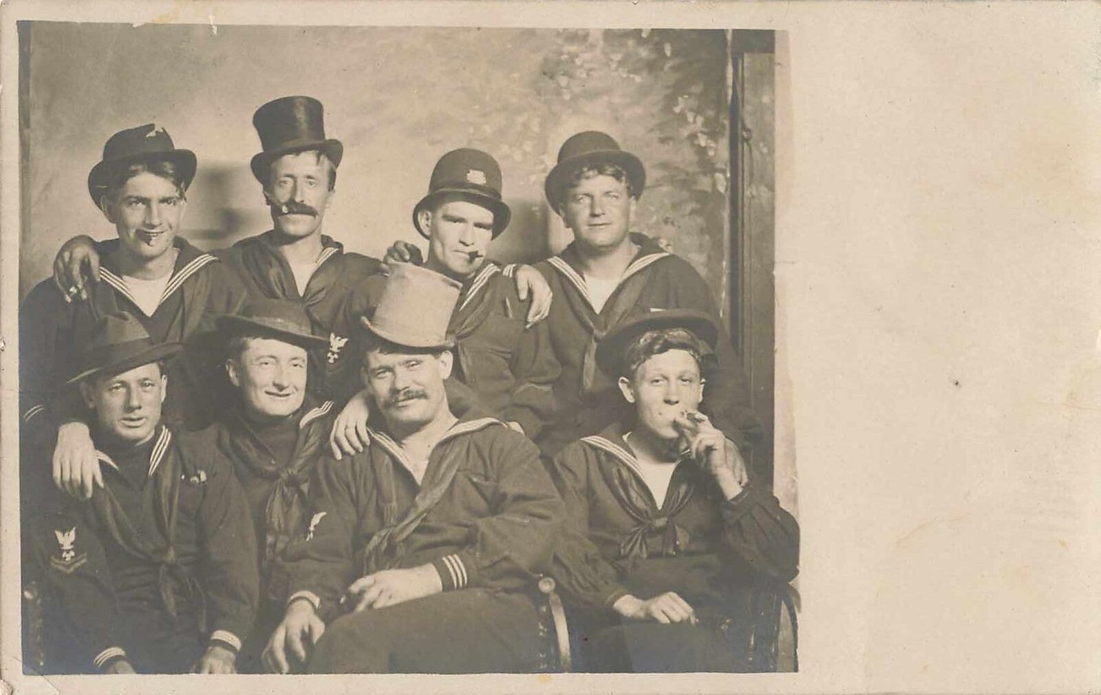 1910s RPPC Arcade Photo Silly Sailors Hat Cigar Quartermaster Aviation patch WW1