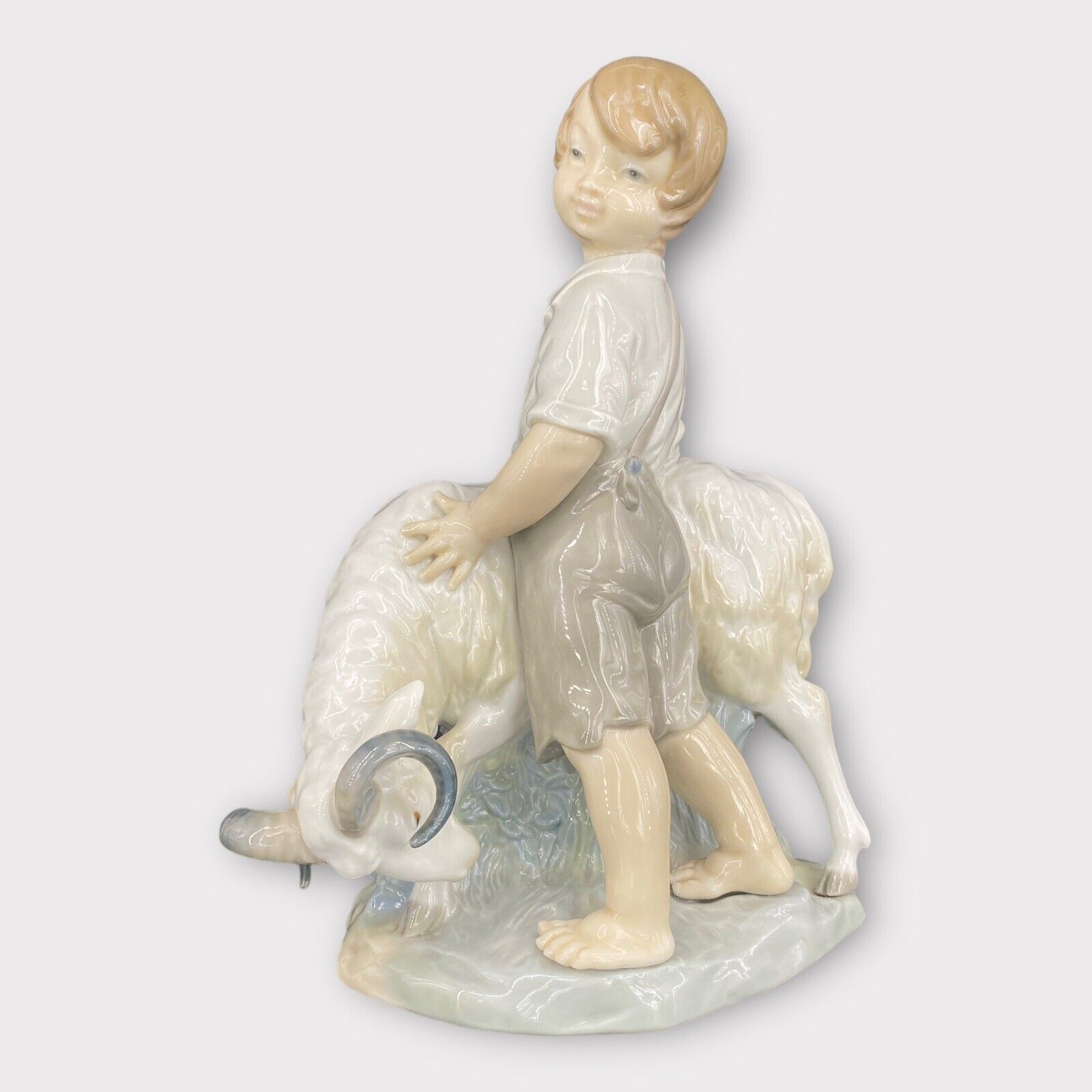 Vintage NAO Spain Glazed Porcelain Figurine Boy w/ Ram VG+