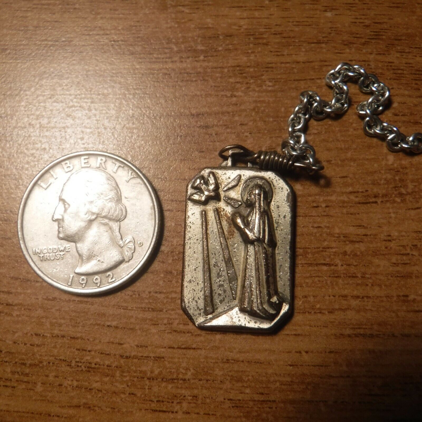 Vintage Thick Mid Century Modern Sterling Silver Catholic Medal of Mary