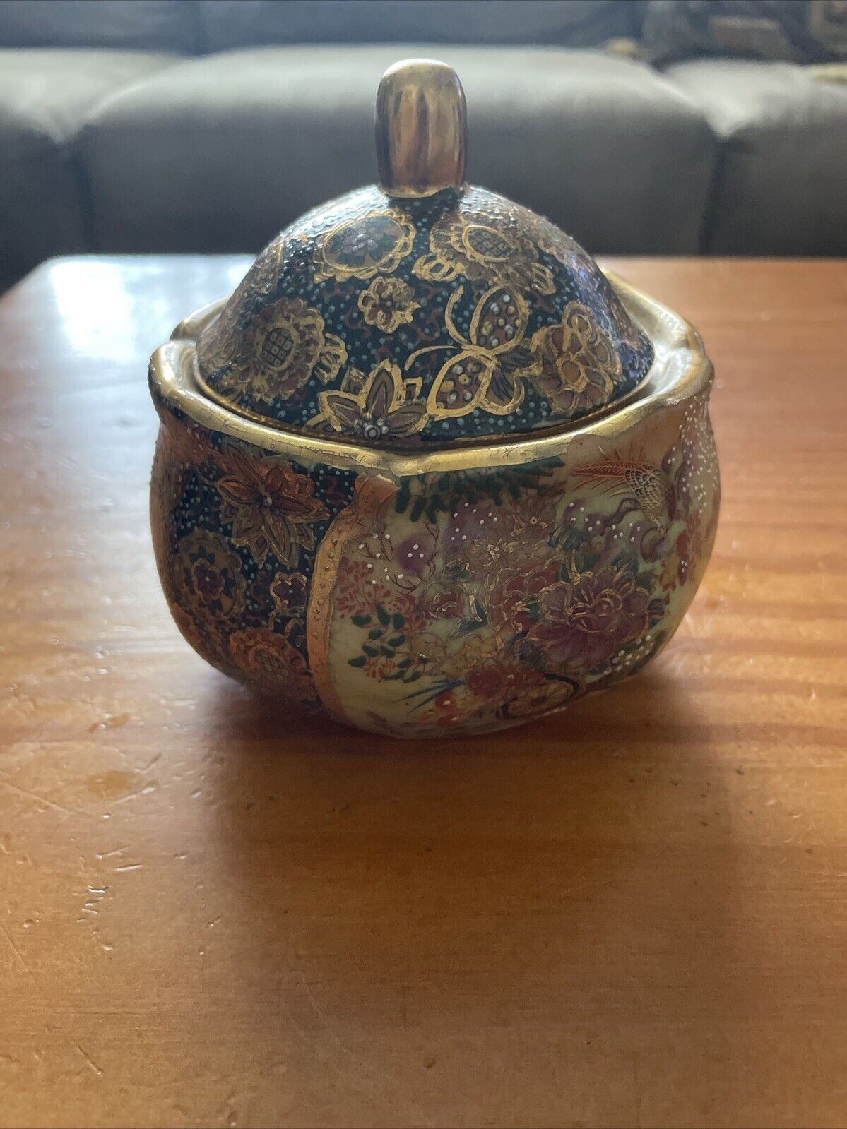 Vtg Royal Satsuma Lidded Bowl Hand Painted Flowers Geishas Gold 5” X4”W