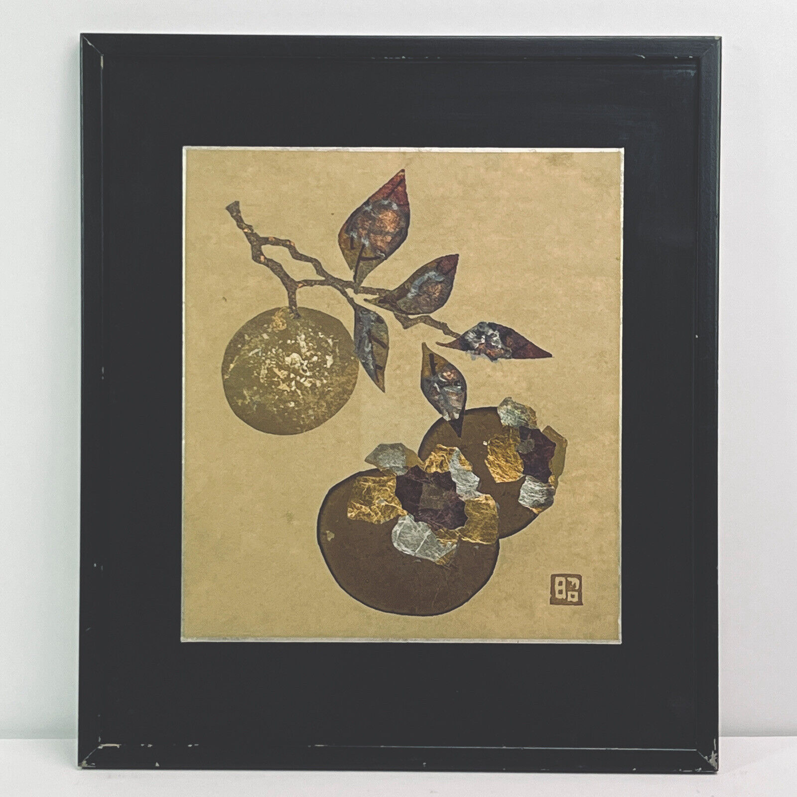 Vintage Japanese Gold Foil Persimmon Cut Paper Mixed Media Wall Art Japan 15in