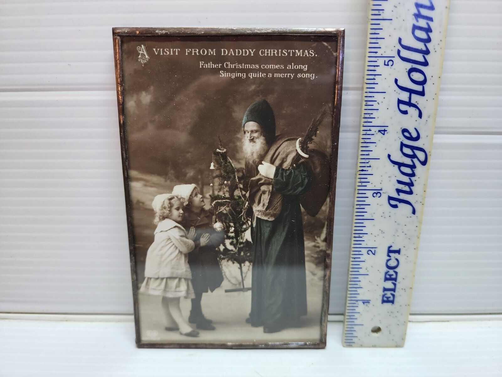 Antique Father Christmas Tin Sealed Glass Post Card Used Great Shape Victorian