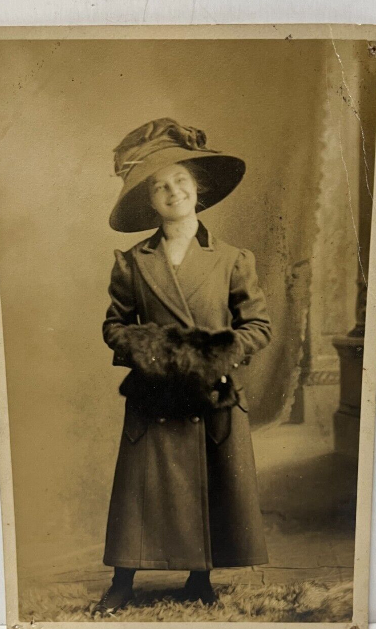 Real Photo RPPC Smiling Beautiful Woman Big Hat, Coat Furr Muff Vintage Postcard