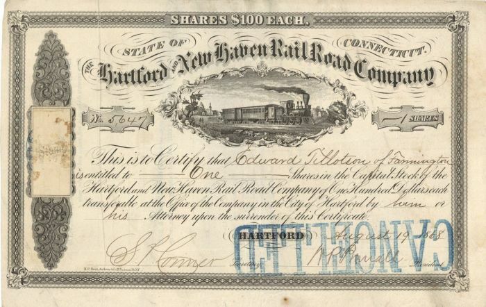 Hartford and New Haven Rail Road Co. - 1868 or 1872 dated Railway Stock Certific