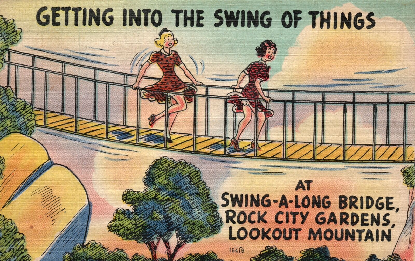 Vintage Postcard 1947 Getting Into The Swing Of Things Swing Along Bridge Comic