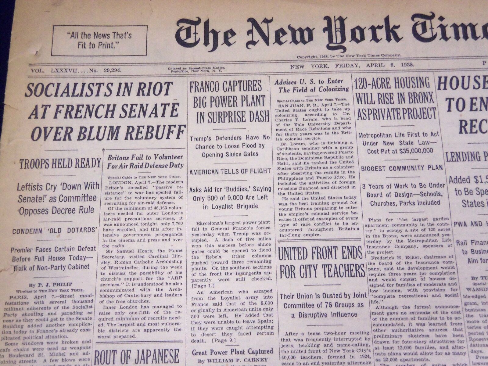 1937 APR 8 NEW YORK TIMES - SOCIALISTS IN RIOT FRENCH SENATE OVER BLUM - NT 734
