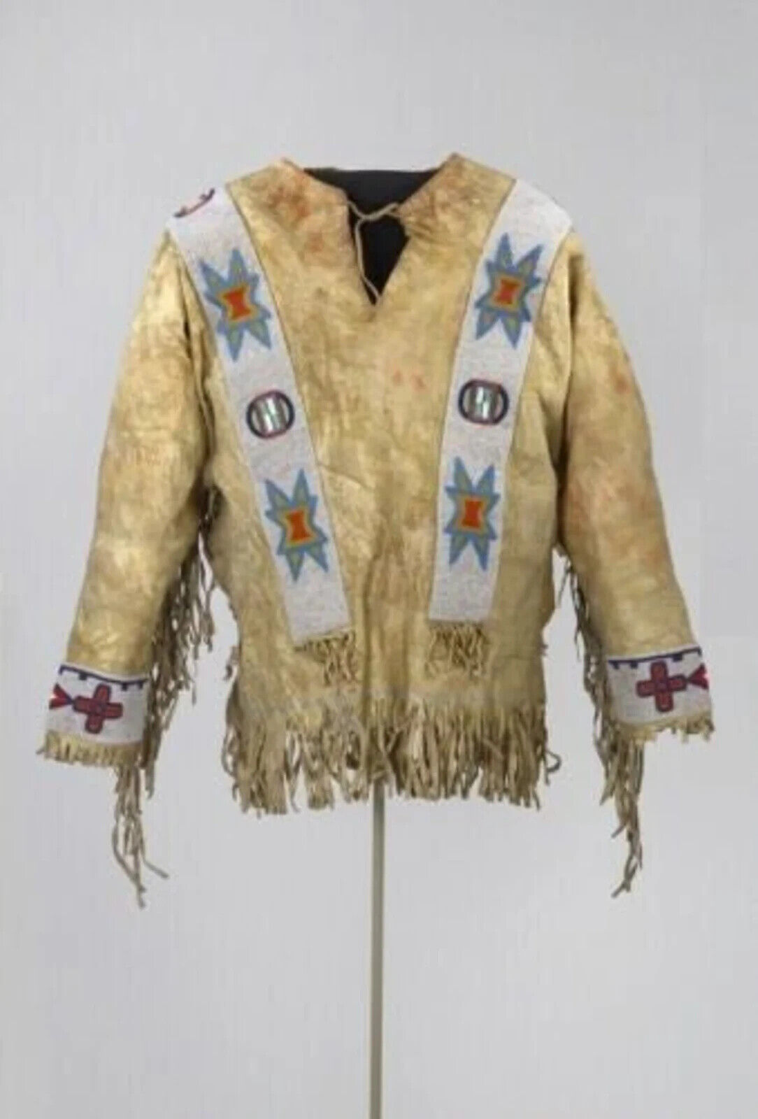 Old Style Beaded Hand Colored Buckskin Suede Hide Powwow Regalia Shirt NS58