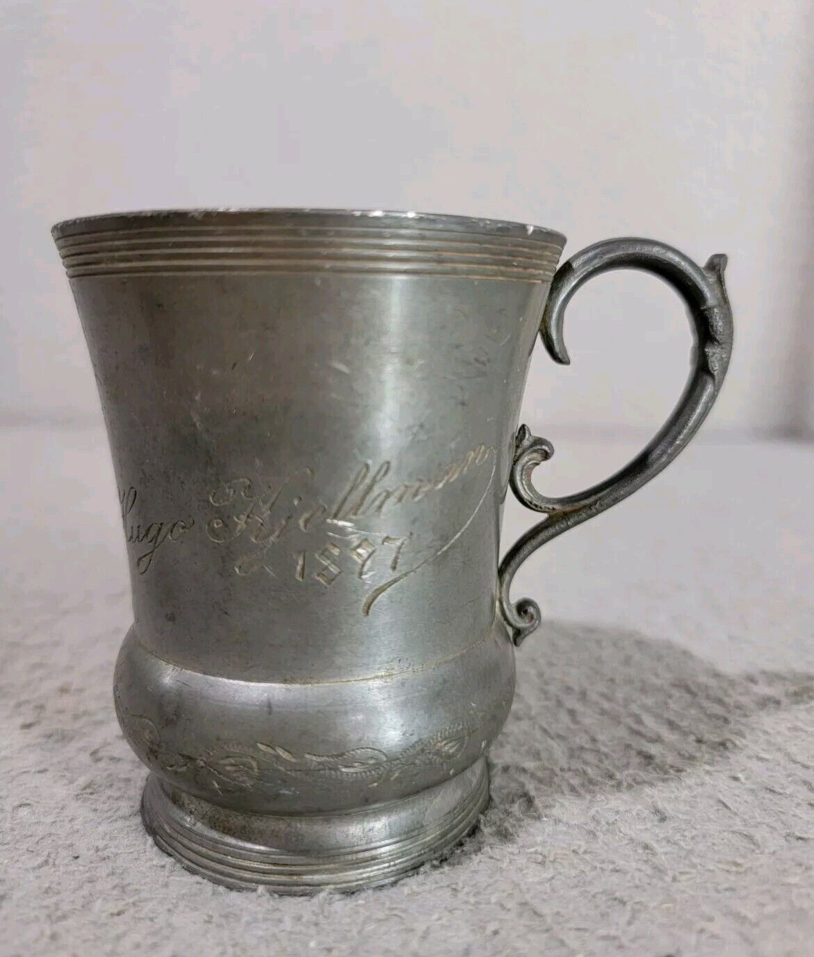 Antique 1897 Pewter Tea Cup Engraved 1890s Victorian Era