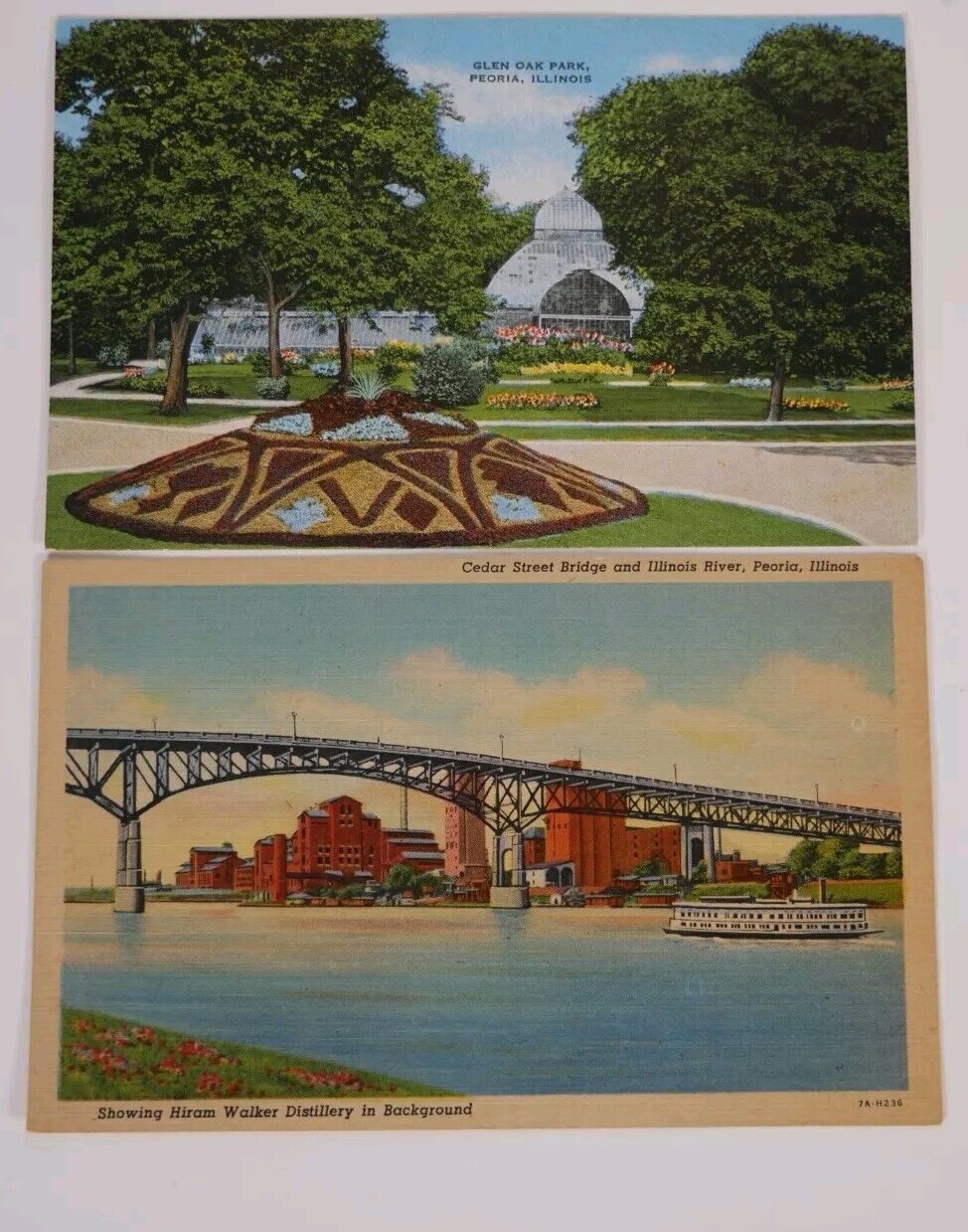 2 Vintage Peoria Post Cards Cedar Street Bridge Illinois River Glen Oak Park