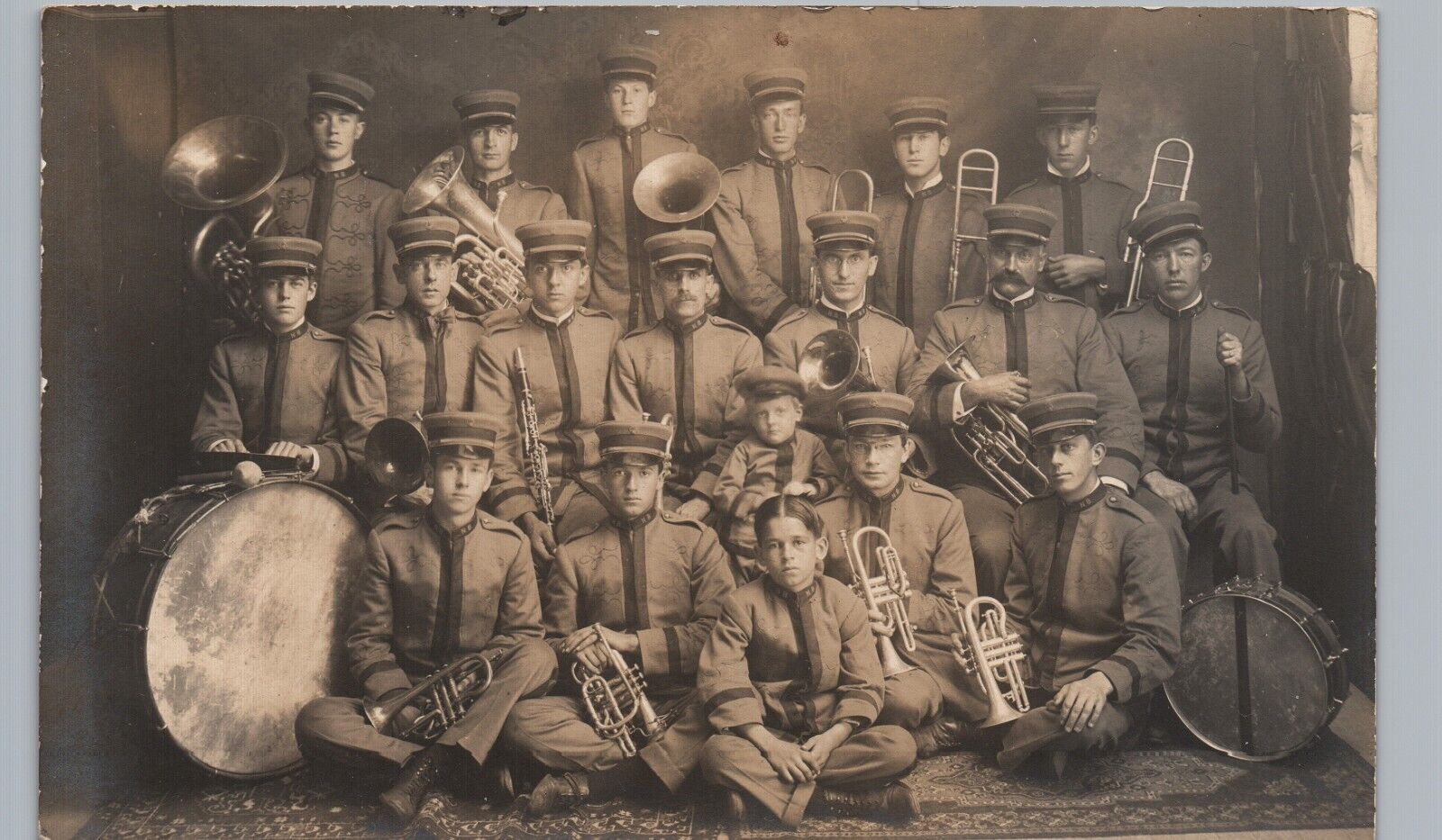 MARCHING BAND c1910 real photo postcard rppc downtown main street parade music