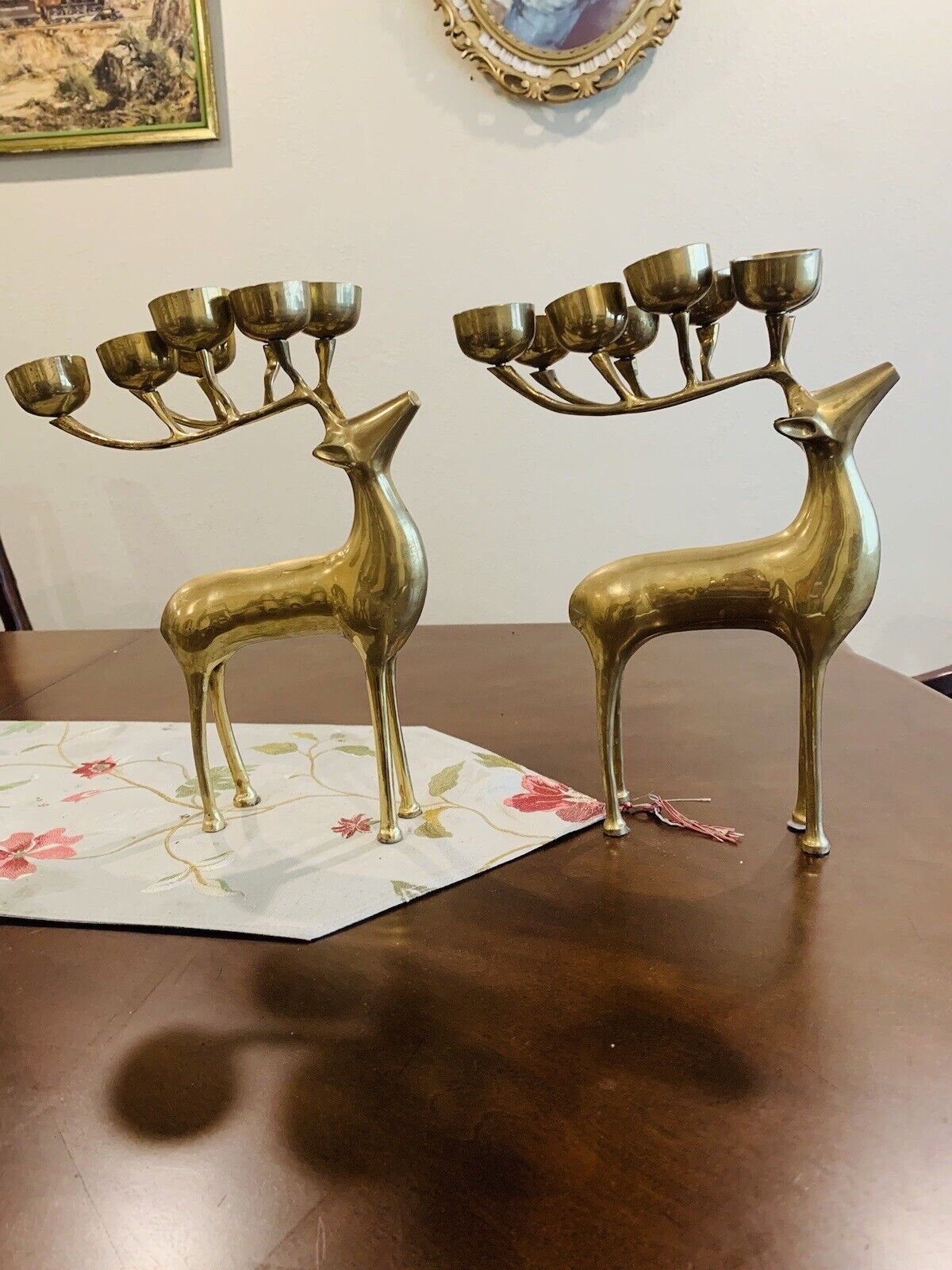 Cute vintage Pair Of Big brass deers Statue  Sculpture Each 8 candles Holder:*