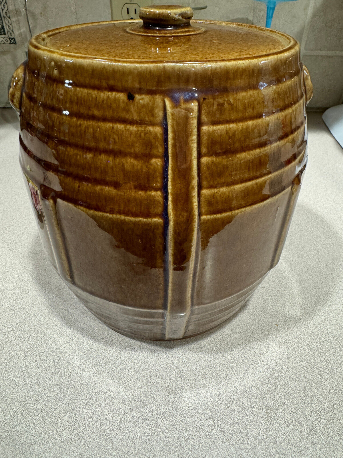Vintage Brown Glaze Barrel Shape Stoneware Cookie Jar