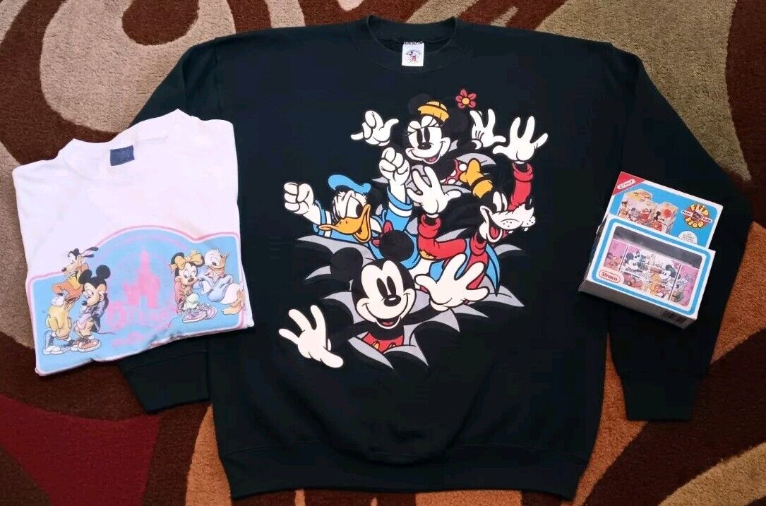 Vtg 80s Disney Mickey Lot Sweat Shirt  / T / Flip Flop  Front / Back Graphics 