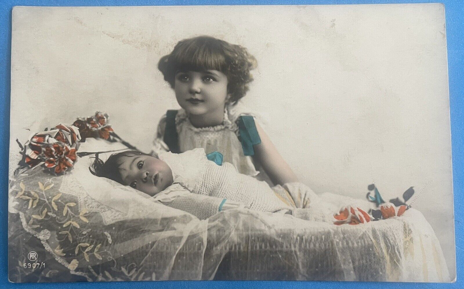 Vintage RPPC Rotophot Postcard - Adorable Sisters, Hand-Tinted, Early 1900s