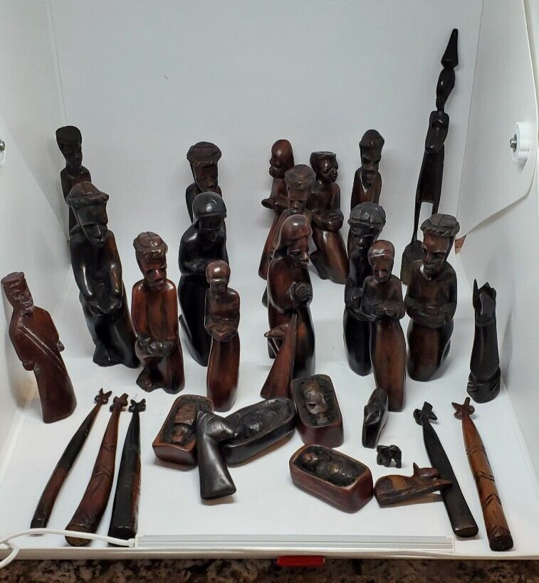Vintage African Tribal Men Hand Carved Wood Figurines Statues Nativity Lot Of 31