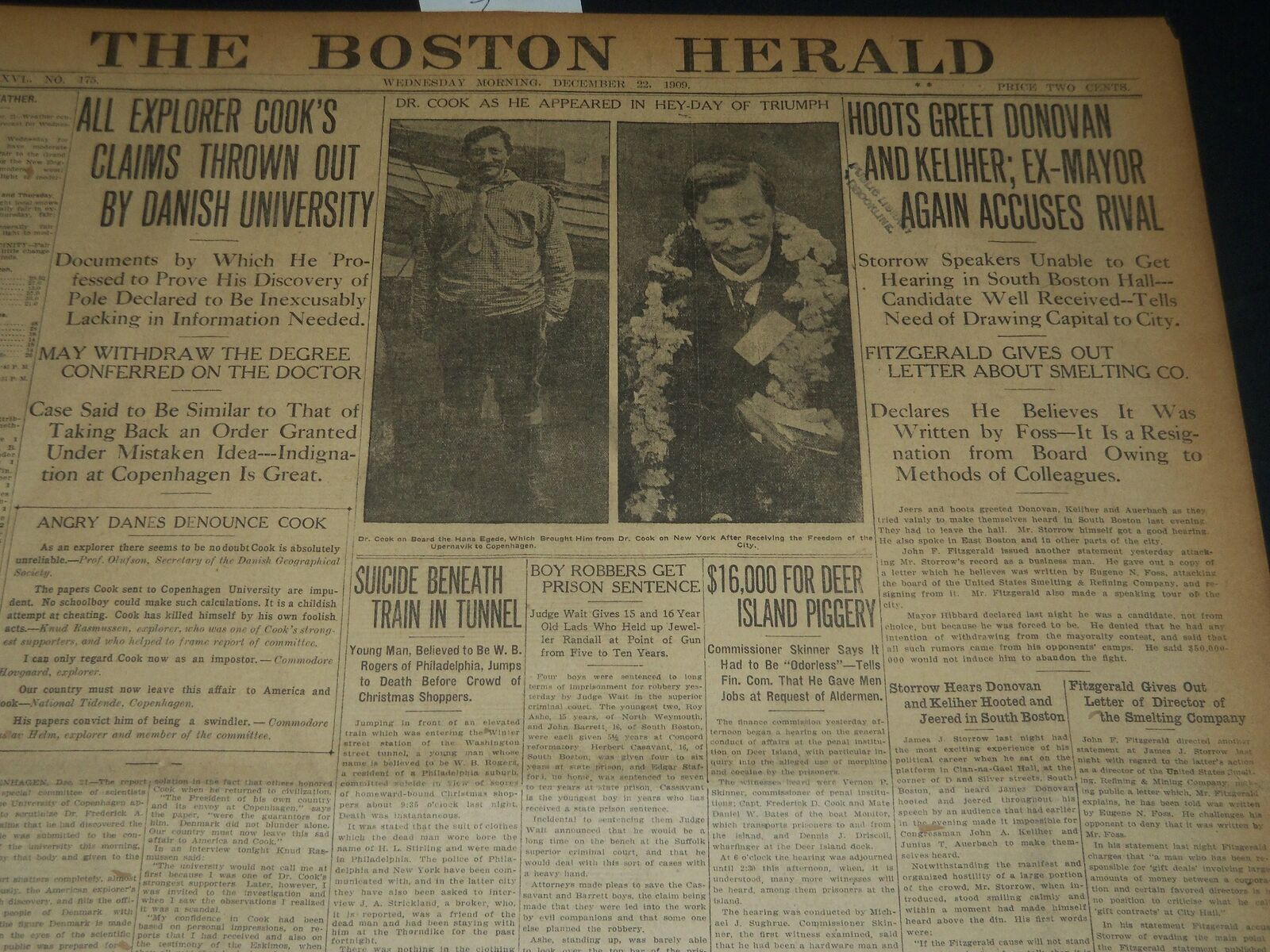 1909 DECEMBER 22 THE BOSTON HERALD - COOK\'S CLAIMS THROWN OUT - BH 317