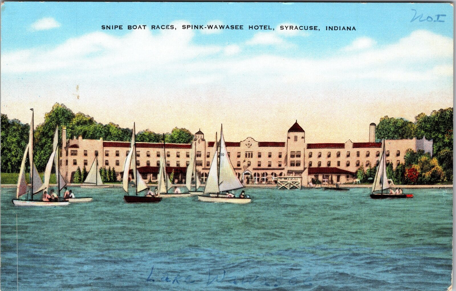 Syracuse IN-Indiana, Snipe Boat Races, Spink Hotel, Vintage Linen Postcard