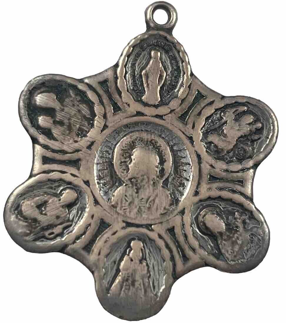 Vintage Catholic 7 Way Silver Tone Worn Religious Medal